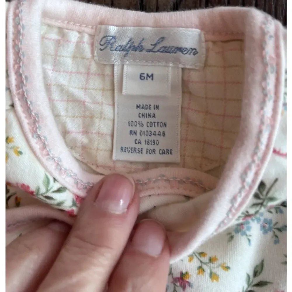 Vtg Ralph Lauren Y2K Powder Pink Floral Tie Front Cottagecore Sleeper 6mo